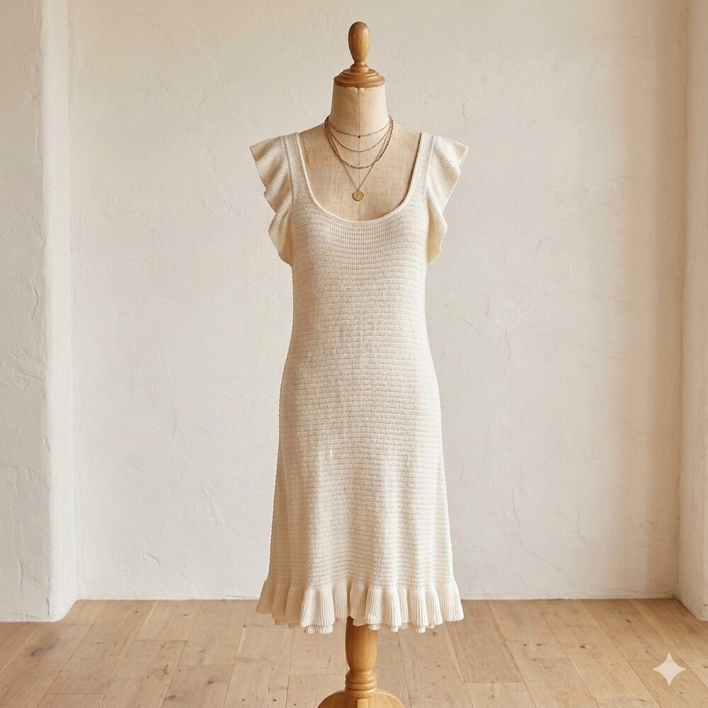 House of Harlow 1960 Ivory Pointelle Knit Midi Dress Size M Boho Quiet Luxury